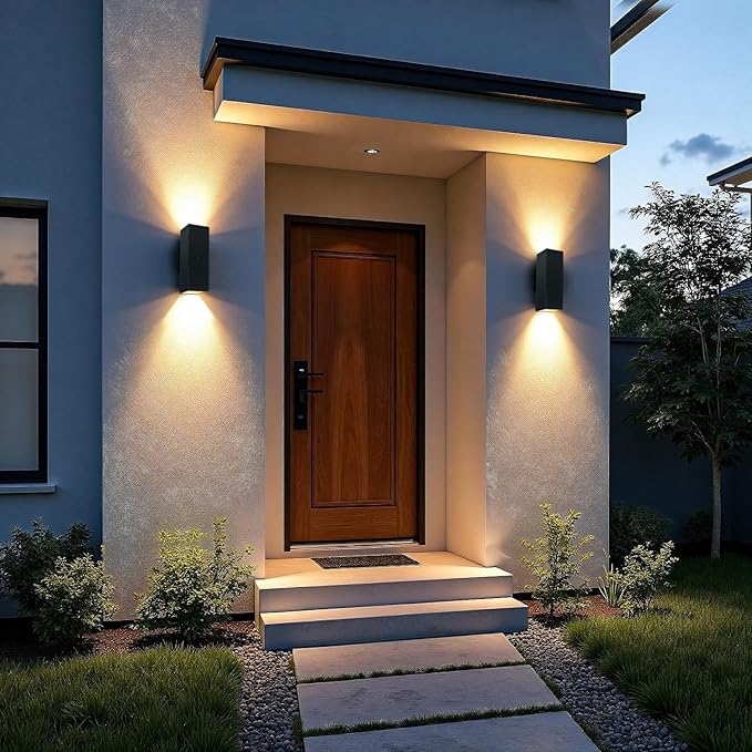 Motion Sensor Outdoor Wall Lights, Dusk to Dawn Porch & Patio Sconce with E26 Dimmable LED Bulbs, Black Aluminum Up & Down Exterior Light Fixtures for Garage, Front Door, ETL Listed