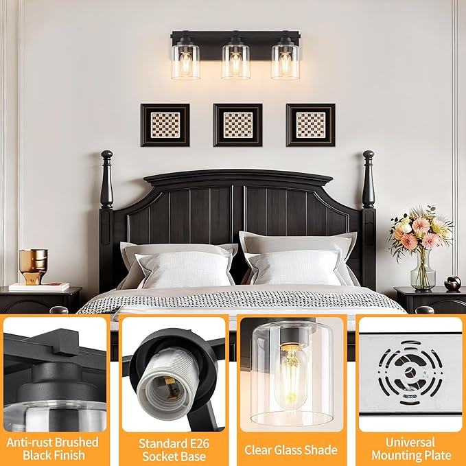 3 Light Modern Bathroom Light Fixtures Over Mirror, Black Vanity Lights for Bathroom Wall Sconces with Clear Glass Shades, E26 Socket (Bulbs Not Included)