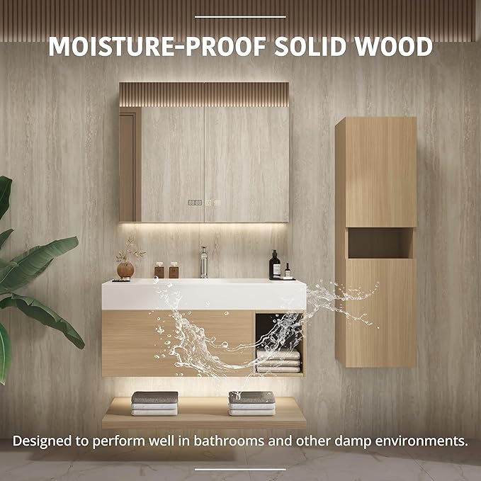 36" Modern Floating Bathroom Vanity Set with Sink, Side Cabinet, LED Smart Mirror Cabinet, Soft-Close Drawer & Open Storage Shelves, Light Oak