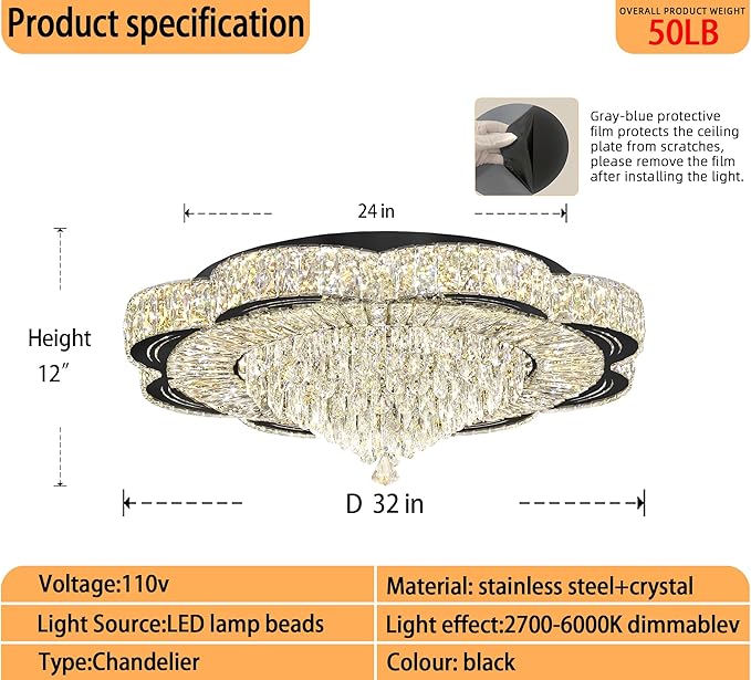Modern 32inch Empire Crystal Chandelier Black Crystal Raindrop Ceiling Light for Living Room Bedroom LED Infinity Dimmable 3000-6000K