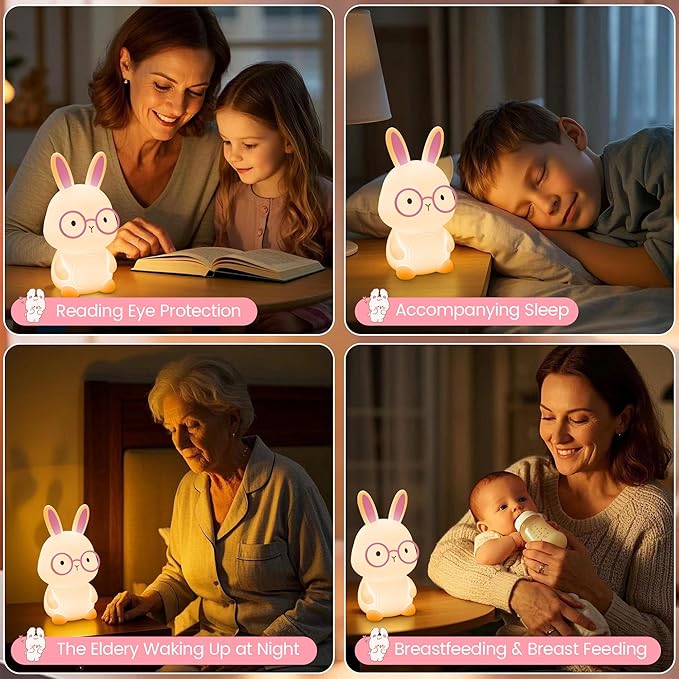Bunny Night Light for Kids, Soft Silicone Nursery Lamp, 7-Color Glow, 3-Level Dimmable Warm Light, Tap Control, 30Min Timer, Rechargeable, BPA-Free, Easter & Birthday Gift, Baby Room Decor, White