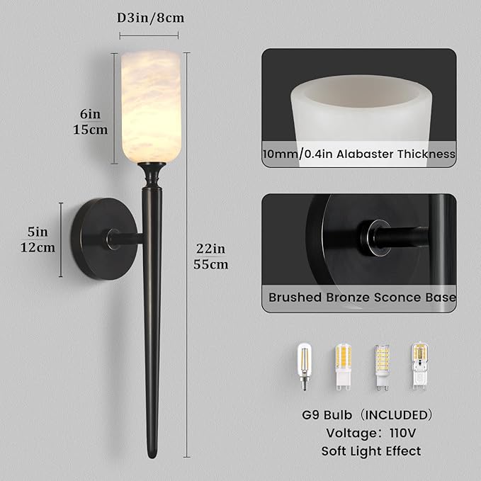 Alabaster Wall Sconce, Modern Bronze Bathroom Sconces, Marble Sconces Wall Lighting for Living Room Vanity Foyer Hallway Bedroom Staircase H-22in(Dimmable Bulb INCL)