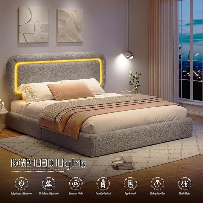 Queen Bed Frame with Headboard, Boucle Upholstered Platform Bed Frame with LED Light, Soft Rounded Corners, No Box Spring Required, Easy Assembly, Grey