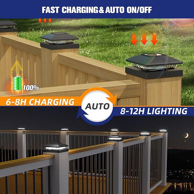 APONUO 4x4 Solar Post Cap Lights, 8 Pack Black for Wood/Vinyl Posts - IP64 Waterproof, 6500K Cool White LED, No-Wire Fence Lights & Deck Lights for Patio Garden Yard Patio