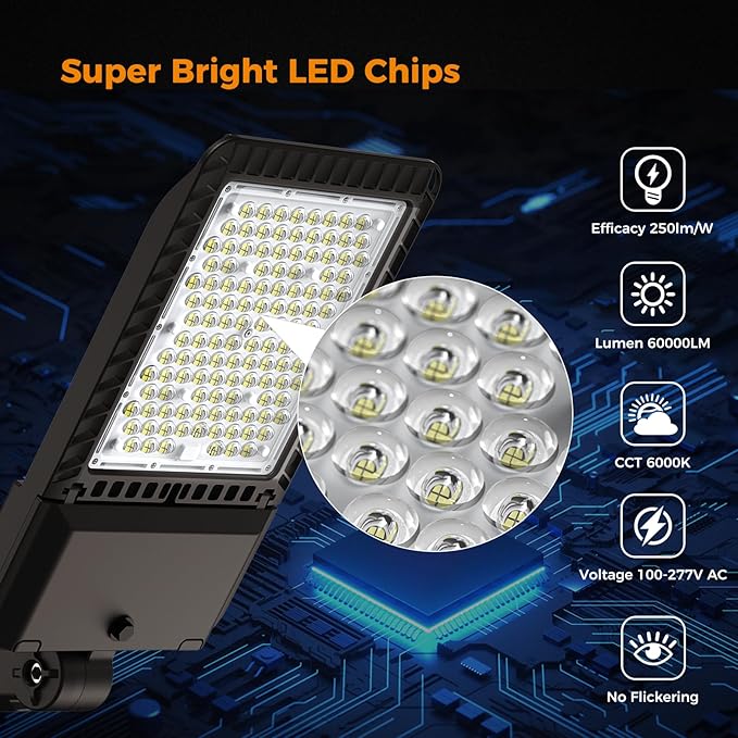 240W LED Parking Lot Light 60000Lm 6000K Street Light Dusk to Dawn Photocell IP65 Waterproof Commercial Outdoor Lighting 11 Years Lifespan for Parking Street Roadway Yard Warehouse Garage 1 Pack