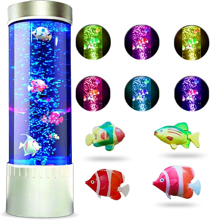 Brewish Bubble Fish Lamp | Desktop Sensory LED Bubble Lamps | 7 Color Changing Fake Aquarium Night Light | Artificial Fish Tank with Moving Fishes | Home Decor, Gift for Kids, Adults, ADHD & Autism