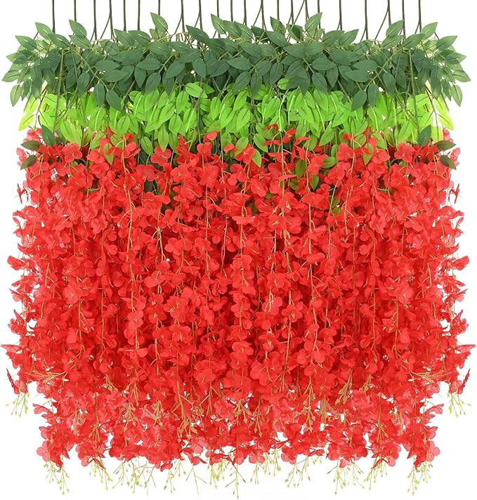 BLEUM CADE Artificial Wisteria Hanging Flowers, 10 Pcs Red, 3.6Ft/Pcs, Decorative Plant Garland for Home, Wedding, Party Decorations