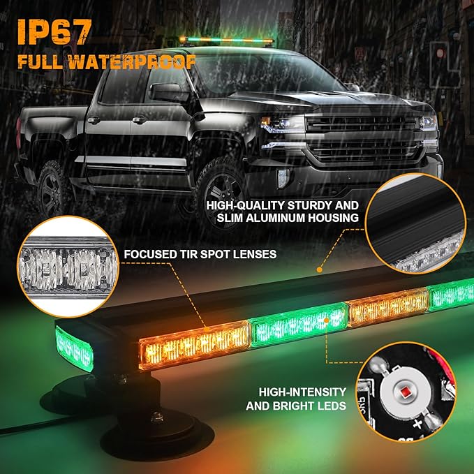 XRIDONSEN 37 Inch 104 LED Roof Top Amber Green Emergency Lights Magnetic Traffic Advisor Strobe Light Bar Warning Flashing Safety Double Side Light for Construction Vehicles Plow Trucks Pickup Wrecker