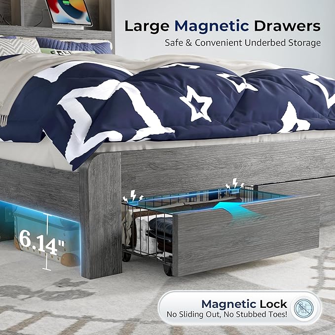 Full Size Bed Frame with 2-Tier Storage Headboard, LED Lights, Charging Station, 2 Drawers, 800lbs Capacity, Wood & Metal Platform, Noise-Free, No Box Spring Needed, Barn Door Design