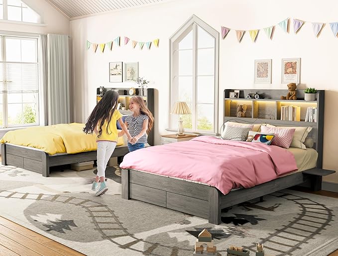 Full Size Bed Frame with 2-Tier Storage Headboard, LED Lights, Charging Station, 2 Drawers, 800lbs Capacity, Wood & Metal Platform, Noise-Free, No Box Spring Needed, Barn Door Design