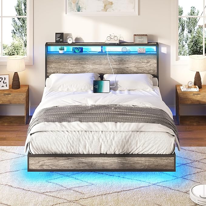 AMERLIFE Queen Size Floating Bed Frame with 2-Tier Storage Headboard, Metal Bed Frame with Charging Station & LED Lights, No Box Spring Needed, Rustic Grey
