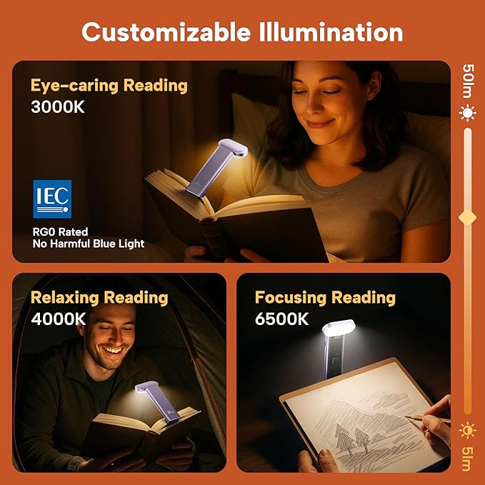 86lux Book Light, Reading Light for Book in Bed, USB Rechargeable LED Night Light with 3 Colors & Limitless Dimming,Bookmark Light for Book Lovers,Lavender