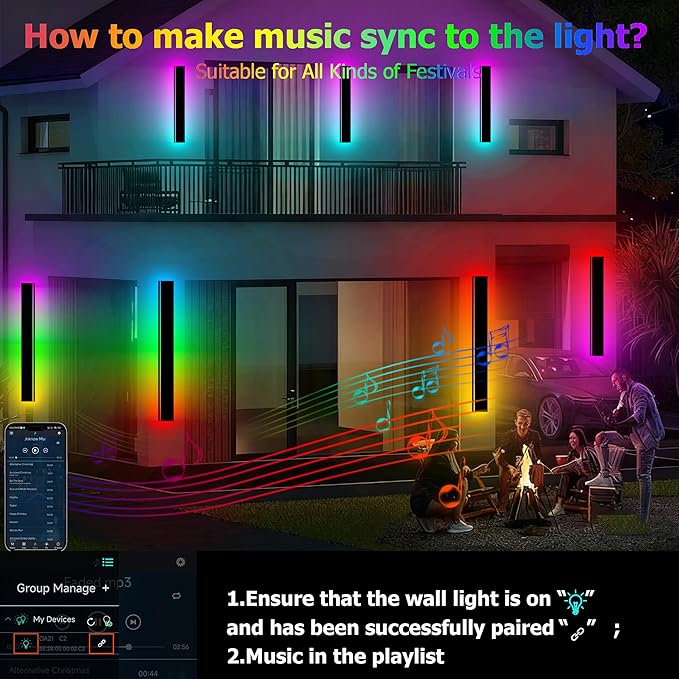 RGB Outdoor Wall Lights Exterior,39in 2PC Modern Outside Linear Wall Sconce,IP65 Waterproof Contemporary Proch Light with Remote and APP Control,Timer Schedule,for Garage and Entrance