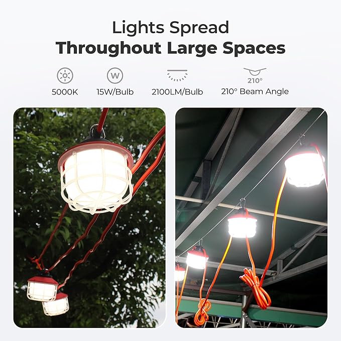 Construction String Lights:75W 50FT 3 Prong Linkable Super Bright LED String Work Lights for Construction Sites Temporary Work Jobsite IP65 Waterproof 18AWG Wire Work Light with Cage