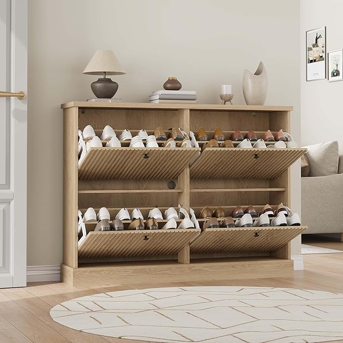 GarveeHome Shoe Cabinet with 4 Flip Drawers, Hidden Wooden Fluted Shoe Cabinet with Adjustable Shelf, Freestanding Shoe Storage Cabinet for Entryway Hallway, Living Room, Natural Oak
