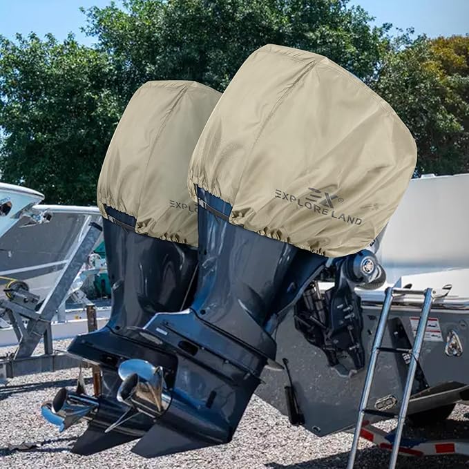 Explore Land Waterproof 600D Heavy Duty Outboard Motor Cover - Full Size Boat Engine Covers Fit for Motor up to 25HP, Tan