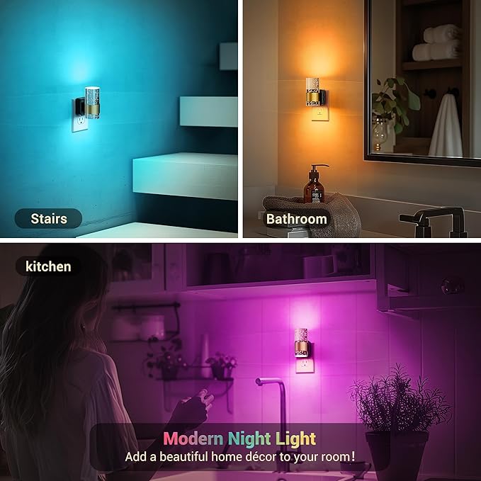 JandCase Night Lights Plug into Wall,2 Pack Color Changing Night Light for Kids, 3000K+RGB 10-Color LED Nightlight with Dusk to Dawn Sensor, 10/50/100LM Adjustable Brightness for Rooms Home Decor