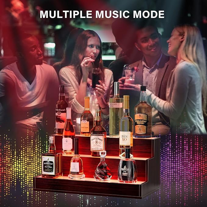 LED Lighted Liquor Bottle Display Shelf, 24 Inch Bar Display Shelf with App & Remote Control 3 Tier for Home Bar, Party, Walnut