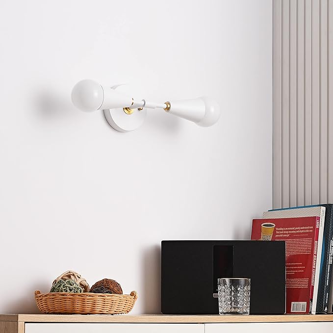 BRIGHTTIA Vicky 2 Light Cone Socket Wall Sconce - Mid Century Modern Fixture for Wall & Ceiling - Minimalist Edison Lamp for Hallway and Bathroom Vanity - White & Gold (BW0027-2WG)
