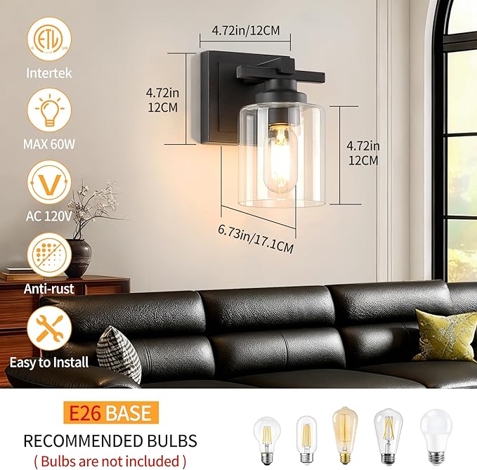 1 Light Modern Bathroom Light Fixtures Over Mirror, Black Vanity Lights for Bathroom Wall Sconces with Clear Glass Shades, E26 Socket (Bulbs Not Included)