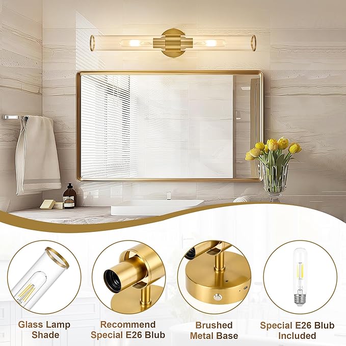 Gold Battery Operated Wall Sconces Set of 2, Rechargeable Wall Lights with Remote Control, 20 Inch Modern Wireless Wall Lamp for Bedroom, Living Room with Clear Glass Shade (Bulbs Included)