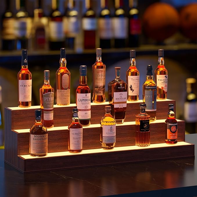 LED 38 Inch Bar Display Shelf, Wine Rack Bottle Shelf with App & Remote Control, 3 Step Freestanding Holding Bottles for Home Bar, Party, Walnut