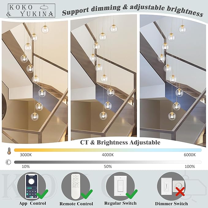 KoKo&Yukina 9-Light Globe Glass Pendant Light Adjustable Length Pendant Lights Fixtures Modern Gold Clear Globe Glass Chandelier High Ceiling Lights Fixtures for Foyer Staircase (Bulb & Remote Incl)