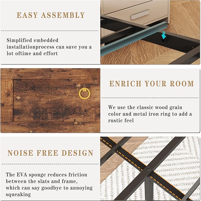 Full Bed Frame with 4 Drawers Bookshelf Headboard, Farmhouse Bed Frame with Charging Station & LED Lights, Metal Slats Support, Noise Free, No Box Spring Needed Rustic Brown