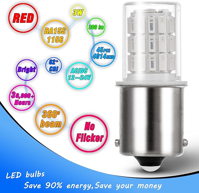 1156 1141 1003 7506 BA15S LED Bulbs Brilliant Red, LED Replacement for 12 Volt RV Tail Brake Lights Camper Trailer Boat Trunk Interior Lights, DC Bayonet Single Contact Base,AC10-24V DC10-30volt,3Pack