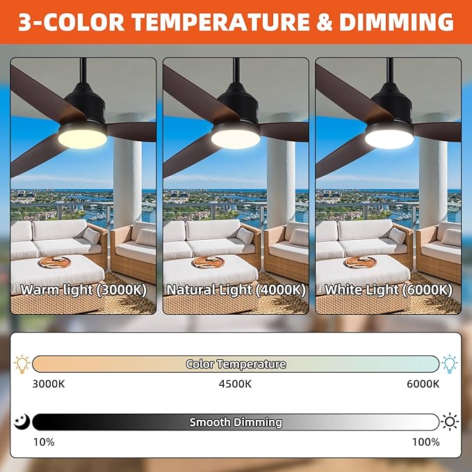 Outdoor Ceiling Fan with Light,52 Inch Walnut Waterproof Outdoor Patio Fan with Remote Control, Reversible Quiet DC Motor, 3-Color Dimmable LED for Gazebo, Porch