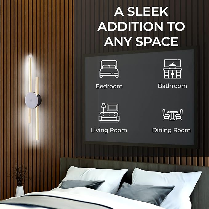 Ozarke Elles Minimalist LED Light Sconce, Modern Linear Wall Lamp, Black, Gold, Warm White, Cold White, UL Listed (Cold White 6000k - Dimmable, 25 inches Black Circle - Gold Bars)