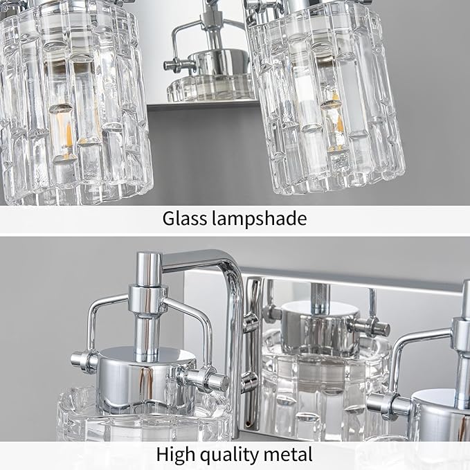 Bathroom Vanity Light 2-Light Modern Vanity Light with Crystal Glass Shade Chrome Bathroom Light Fixtures Over Mirror Crystal Vanity Lighting Fixtures