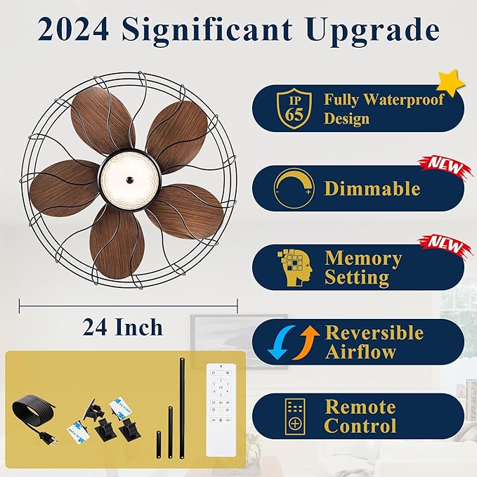 NORFOLK Gazebo Ceiling Fans with Light, 24 Inch Waterproof Outdoor Fan with Dimmable LED Lights, Wet Rated Plug In and Remote for Patios and Pergola, 3 Color Led Lighting, Hanging with Hook