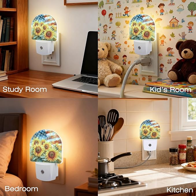 American Flag with Sunflowers Night Light, Dusk-to-Dawn Auto Sensor Plug in Night Light for Kids, 0.5W Energy Saving LED NightLights for Bedroom/Bathroom, Ideal Gifts for Women Men