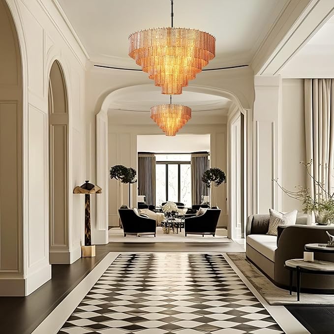 41" Extra Large Chandelier, 18-Light Black Round Chandeliers for Dining Room, Amber Glass Linear Chandelier, Hanging Light Fixture Perfect for Dining Room, Entryway, Foyer, Bedroom & Kitchen