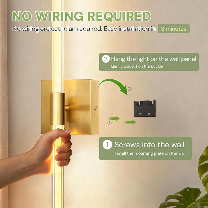 L LOHAS LED Battery Operated Wall Sconces Set of 2, 10000mAh Gold Battery Wall Sconce, 3000K Dimmable Wireless Wall Light, Sconce Wall Decor for Bedroom, Living Room, 24in