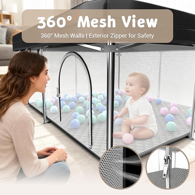 Foldable Baby Playpen 50x50 Inch, Portable Play Yard for Babies & Toddlers, Safety Fence Play Area with Mat, Balls, Pull Rings & Carry Bag, Indoor Outdoor Baby Activity Center, Black