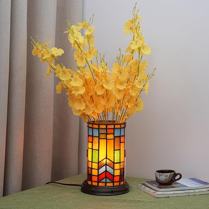 Tiffany Style Stained Glass Bohemian Block Table lamp Living Room Bedroom Bedside Flower Vase Decor Small Night Light Mini Cute Kids Accent Cottage Aesthetic Nightstand Cylinder Desk lamp
