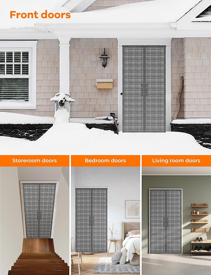 Thermal Door Curtain, Fit Size up to 32 x 80 Inches, Magnetic Insulated Door Curtains for Doorway/Front/Back/Basement, Oxford Cover with Thick Cotton to Keep Warm Winter, Grey, Rectangle