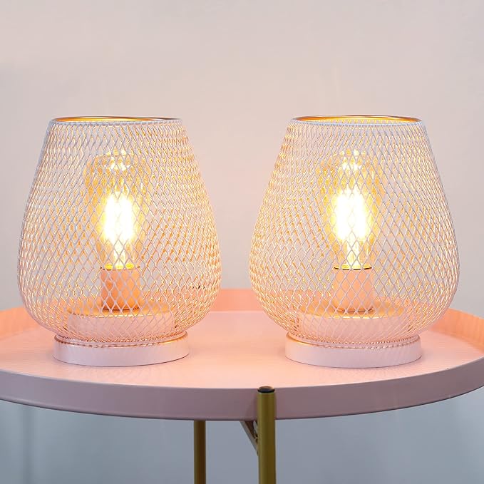 TRIROCKS Set of 2 Medium Battery Powered Outdoor Lantern 6.5'' High Metal Cage Table Lamp with LED Edison Bulb for Home Wedding Parties Patio Event Indoor Outdoor(Pink)