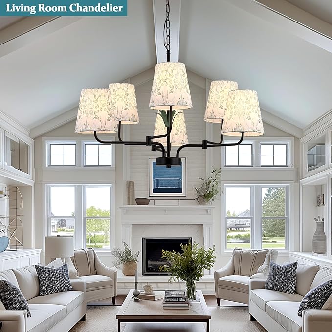 Black Chandeliers with White Fabric Shade, Farmhouse Green Plants Chandelier for Dining Room, Linear Island Lighting Fixture for Kitchen, Industrial, Foyer, Entryway, Living Room,Nature