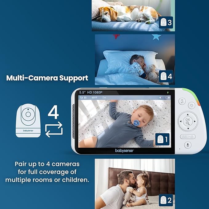 Babysense Full HD 5.5" Split Screen Baby Monitor with 2 Cameras, 6-Color Night Light, White Noise, Sound & Light Machine, 20-Hour Battery, Hack-Proof Non-WiFi Secure Connection