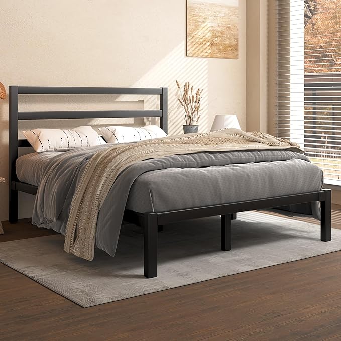 Queen Size Bed Frame, Metal Platform Bed Frame with Headboard and Footboard, Underbed Storage Space, No Box Spring Needed, Easy Assembly,Black