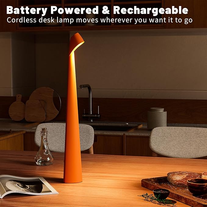 Cordless Desk Lamp, Portable Table Light, Rechargeable Touch Lamp, LED Lamp Battery Operated with 3 Brightness Levels for Bedside Dorm Reading (Orange)