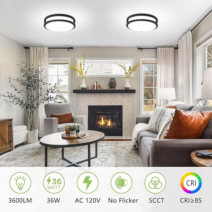 Flush Mount Ceiling Light - 2 Pack 36W 3000K/3500K/4000K/5000K/6000K Super Bright Dimmable Led Ceiling Light Fixture 12 Inch Lamp for Kitchen Hallway Bedroom Bathroom