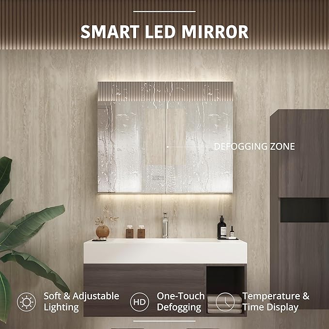 24" Modern Floating Bathroom Vanity Set with Sink, Side Cabinet, LED Smart Mirror Cabinet, Soft-Close Drawer & Open Storage Shelves, Grey Oak