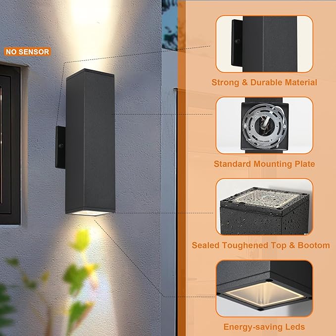Outdoor Wall Lights,14 Inches Black Outdoor Sconce Lights,Up and Down Modern Porch Lights Wall Mount,3000K Warm White Outside Light Fixtures for House,Front Door,Patio Include 2 * 7W Gu10 Bulb