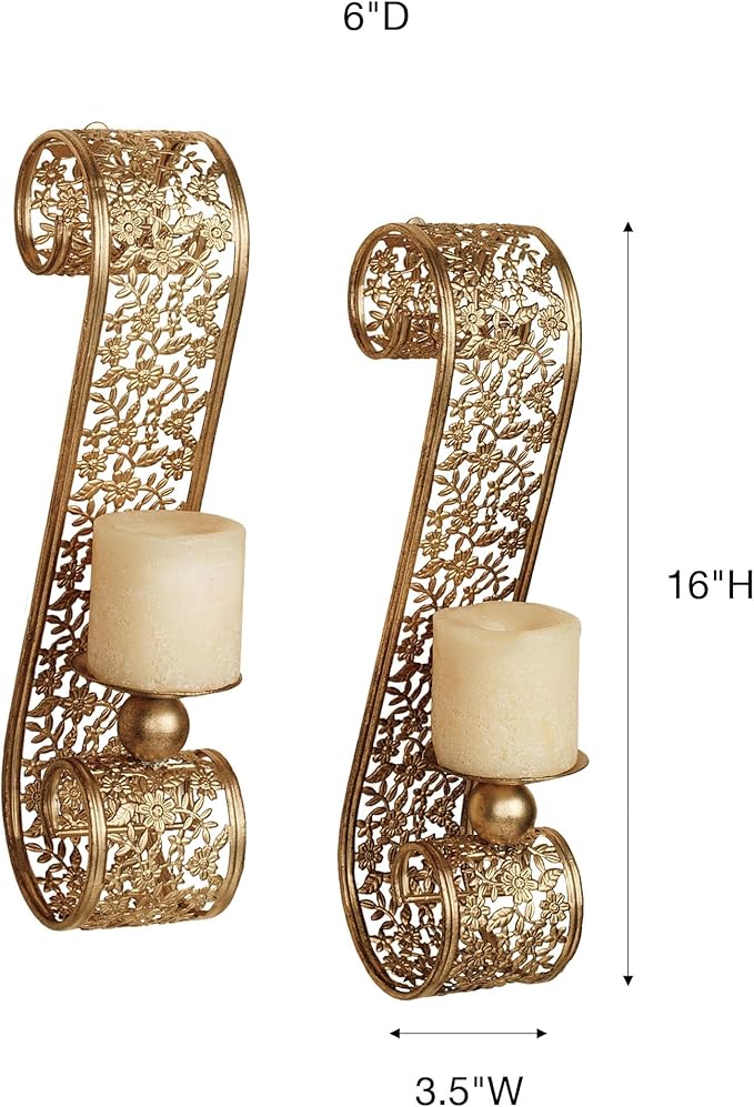 Touch of Class Classic Elegant Scrolling Diandre Metal Wall Sconce Pair - Finished in Antique Gold - Candle Pair Decor - Set of Two - Floral Vine - 16 Inches High