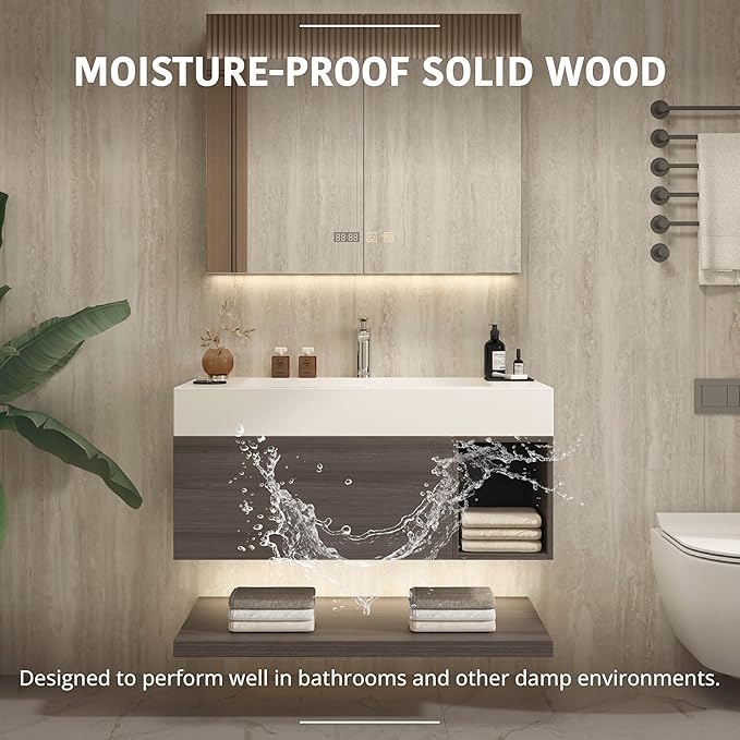 42" Modern Floating Bathroom Vanity Set with Sink, LED Smart Mirror Cabinet, Soft-Close Drawer and Open Storage Shelves, Grey Oak