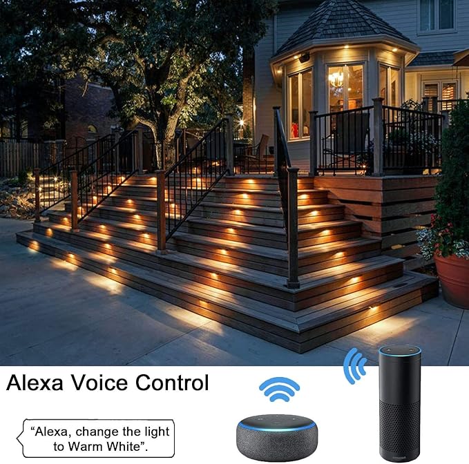 Smart LED Deck Lights Kit WiFi Controlled Color Changeable,Φ1.38“Outdoor IP67 Waterproof Low Voltage Step Lights with Protecting Shell,Works with Samrt Phone,Alexa,Google Home(20 Pack,WiFi)